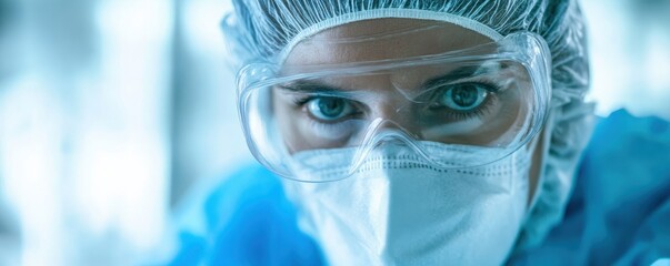 Close-up of technician in protective gear focusing intently with mask and visor in scientific laboratory environment