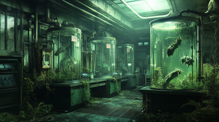 Underground lab with strange creatures in glass tanks and overgrown plants