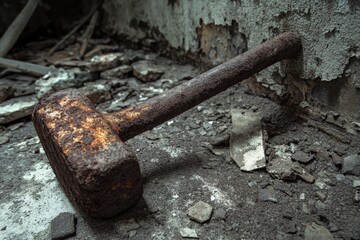 Rusty Sledgehammer Resting on a Cracked Floor