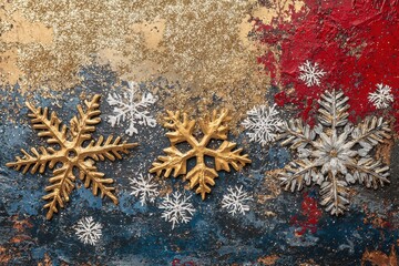 Assortment of golden and white sparkling snowflake ornaments against a glittery background