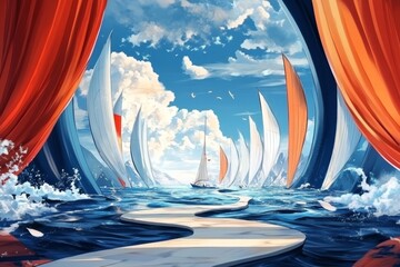 America's Cup. America's Cup Sailing. The most prestigious regatta in the world.
Boat with sails on the waves. Illustration with a regatta at sea.