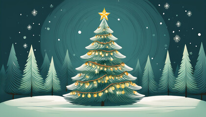 Obraz premium Snowy Christmas tree and sparkling garland, New Year's festive scene,