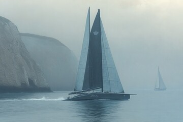 Fototapeta premium America's Cup. America's Cup Sailing. The most prestigious regatta in the world. Boat with sails on the waves. Illustration with a regatta at sea.