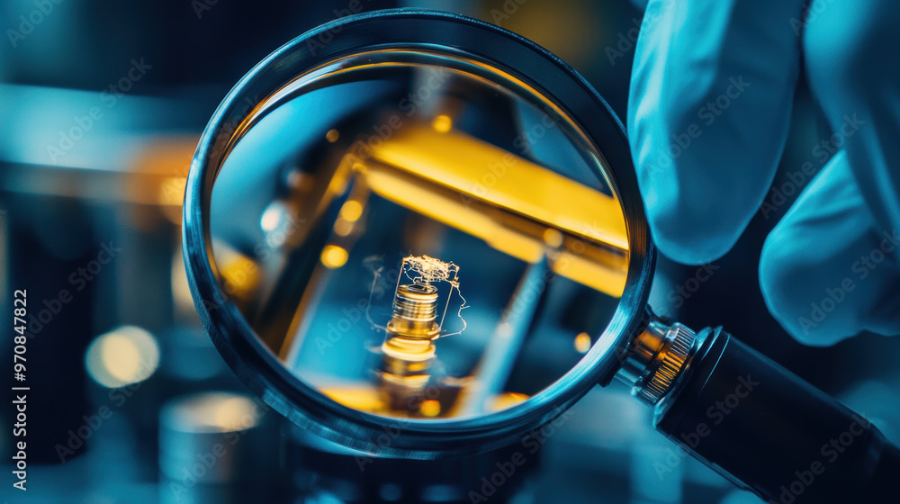 Poster a close up view of magnifying glass revealing intricate details of vaping coil, showcasing craftsman