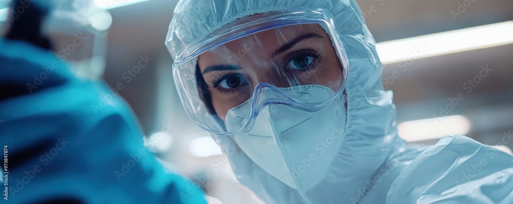 Aufkleber close-up of a technician in protective gear working with precision in a high-tech laboratory environ