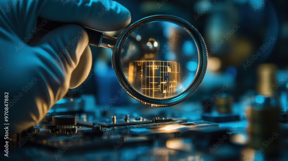 Poster a close up view of hand in white glove holding magnifying glass over circuit board, revealing intric