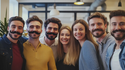 Obraz premium Group of young people smiling with mustaches in a casual office setting, Movember celebration