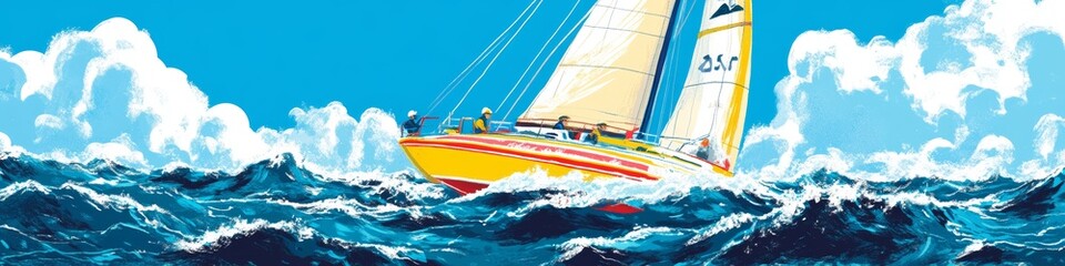 America's Cup. America's Cup Sailing. The most prestigious regatta in the world. Boat with sails on the waves. Illustration with a regatta at sea.
