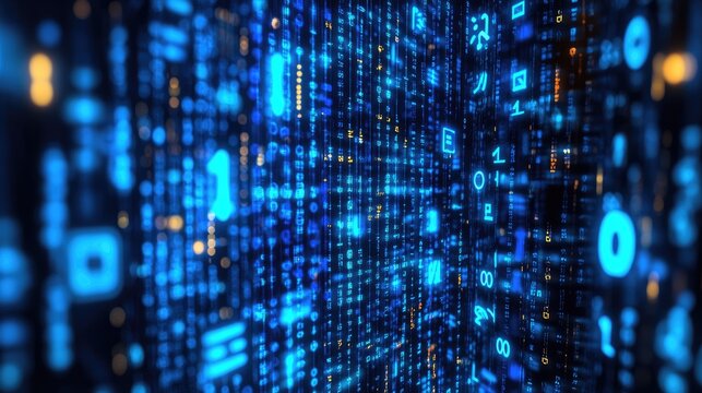 Abstract digital data stream with blue and orange binary code, flowing through a 3D space.