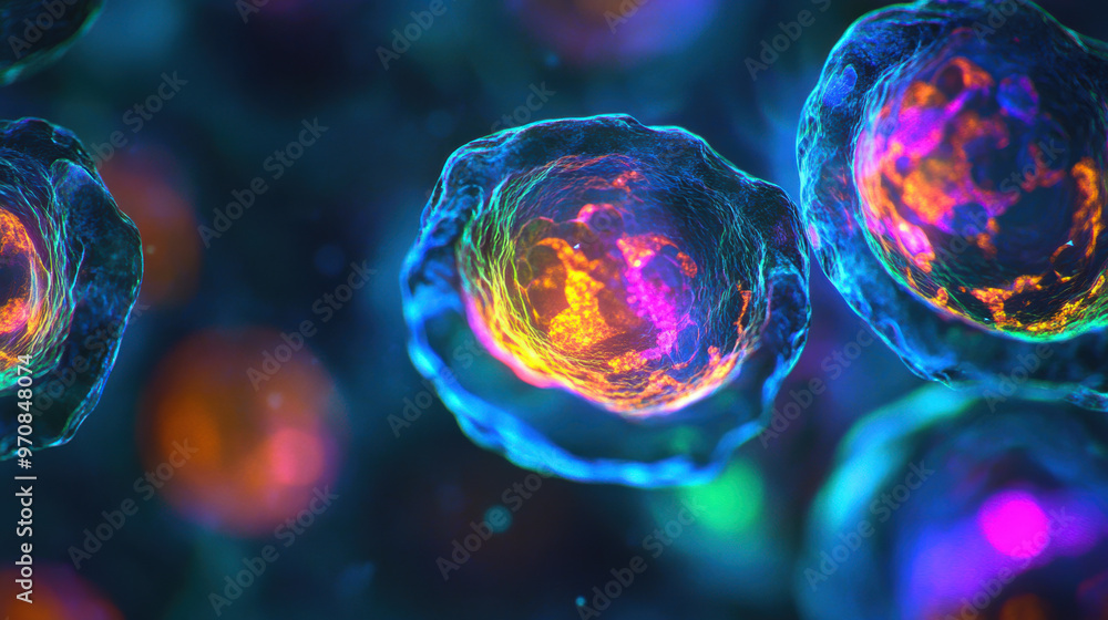 Poster vibrant microscopic cells illuminated in colorful display, showcasing intricate structures and glowi