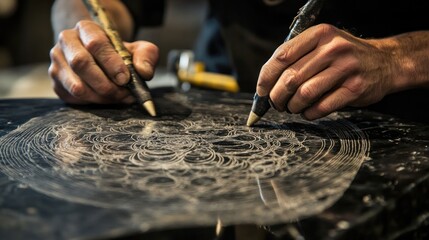 Craftsman Drawing Intricate Pattern on Black Surface