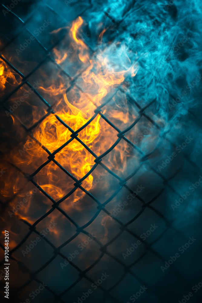 Canvas Prints image features striking visual of flames and smoke intertwined with chain link fence, creating drama