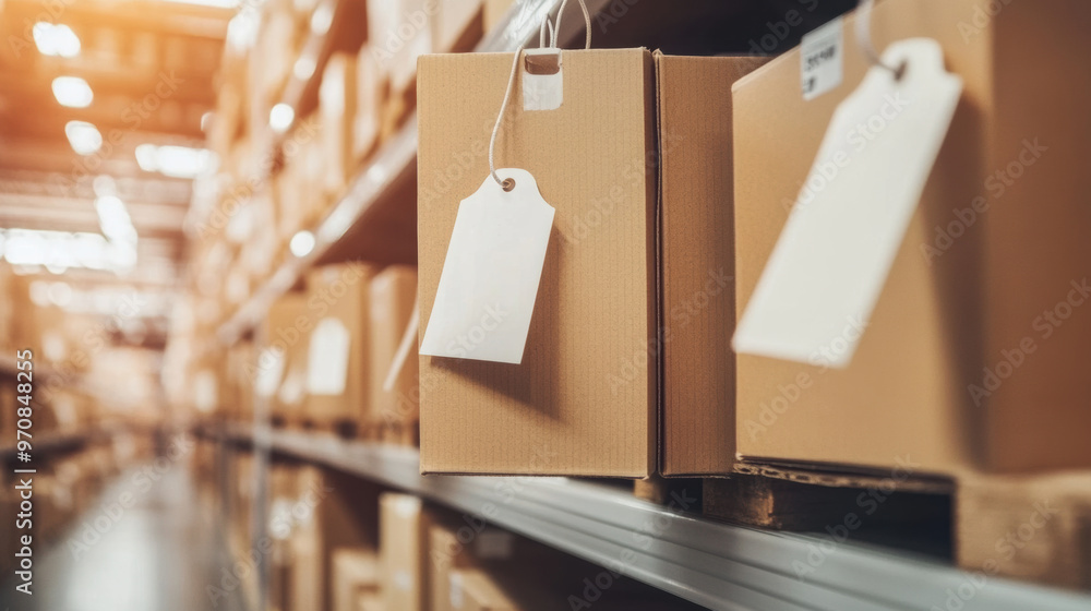 Poster efficiently organized cardboard boxes with blank tags are neatly arranged on shelves in warehouse, s