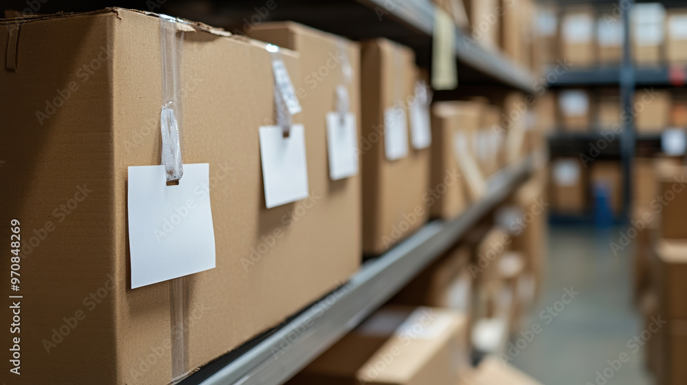 Poster efficiently organized cardboard boxes in warehouse setting, showcasing systematic storage solution. 