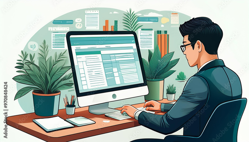 Poster man working on digital e-invoice at computer desk, home office setting with plants