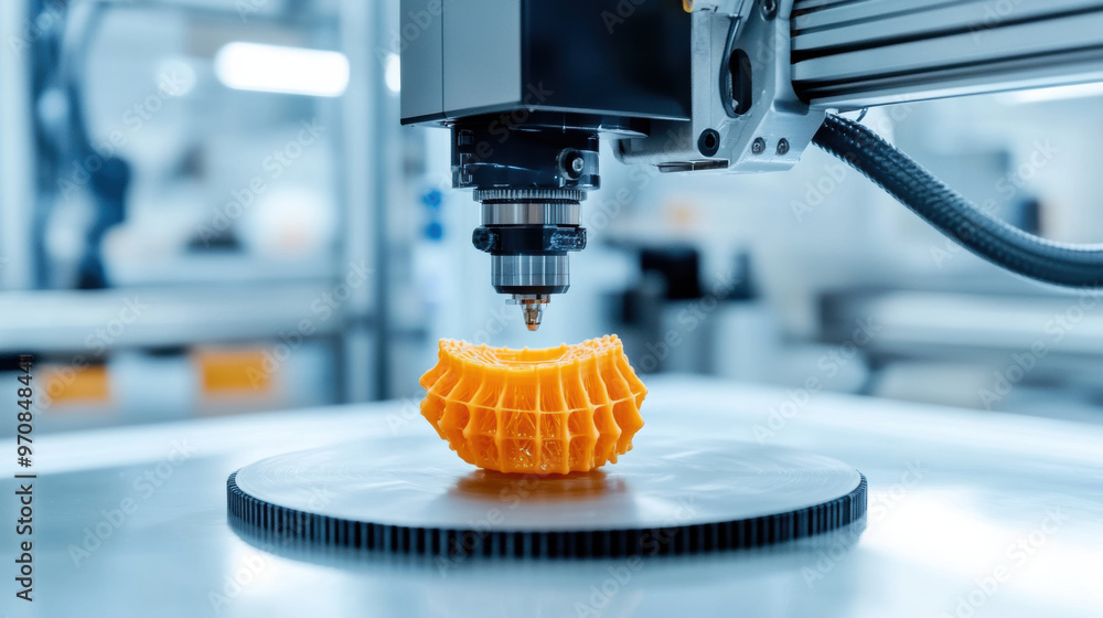 Poster 3d printing technology is showcased with an orange object being created by precision printer. intric