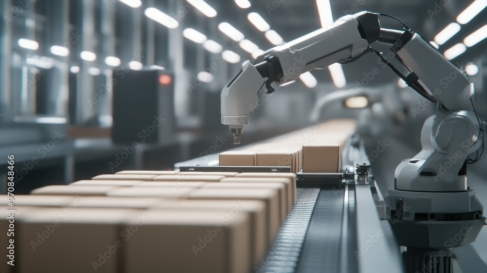 Poster automated robotic arm sorting packages on conveyor belt in modern warehouse, showcasing advanced tec