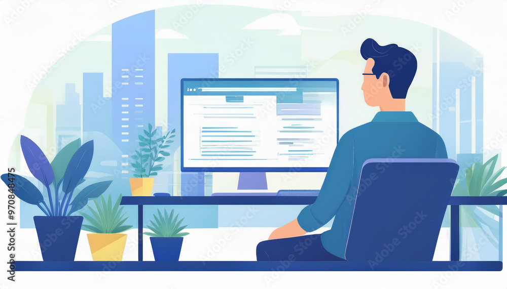 Poster man working on digital e-invoice at computer desk, home office setting with plants
