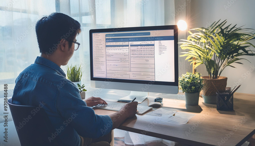 Poster man working on digital e-invoice at computer desk, home office setting with plants