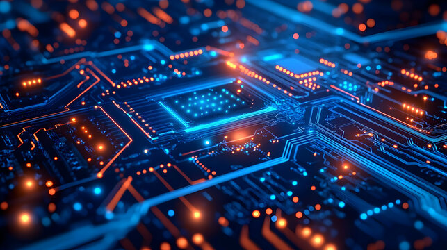 Abstract Circuit Board Animation with Glowing Blue and Orange Lines