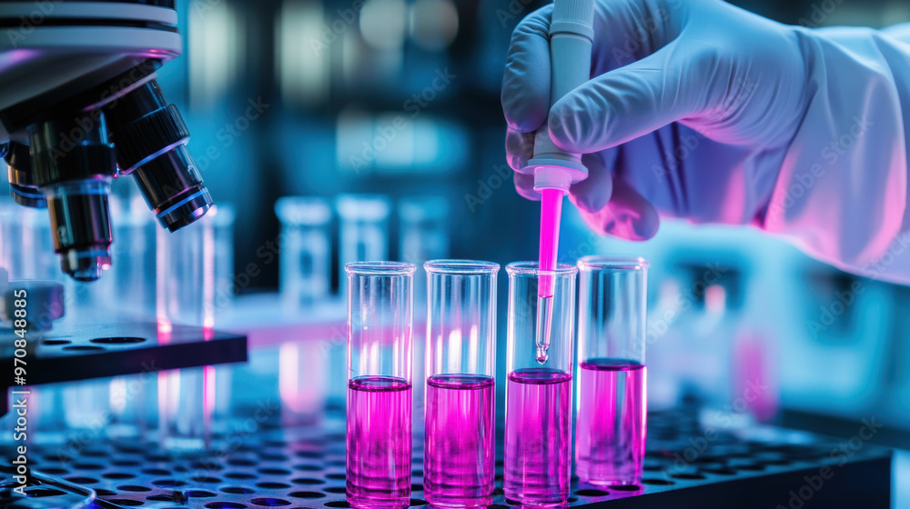 Poster a scientist in laboratory is using pipette to add pink liquid to test tubes, showcasing vibrant and 