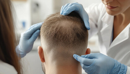 Fototapeta premium Trichologist examining patient's scalp for hair loss treatment