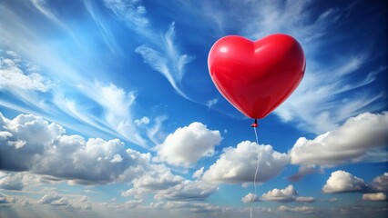Heart-shaped balloon floating in a blue sky with clouds, symbolizing love and romance