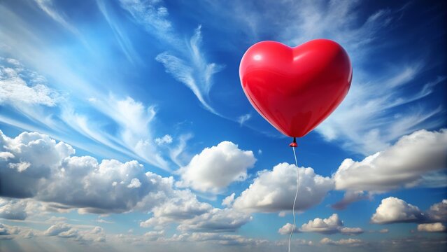 Heart-shaped balloon floating in a blue sky with clouds, symbolizing love and romance