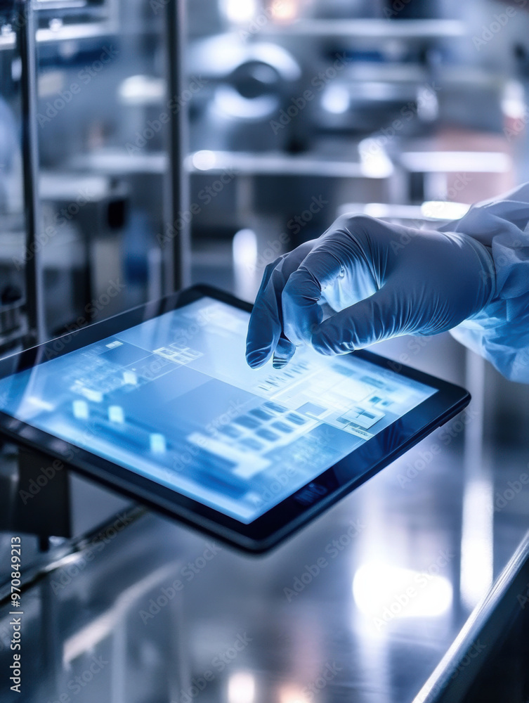 Poster a hand in medical glove interacts with digital tablet displaying data in laboratory setting, showcas