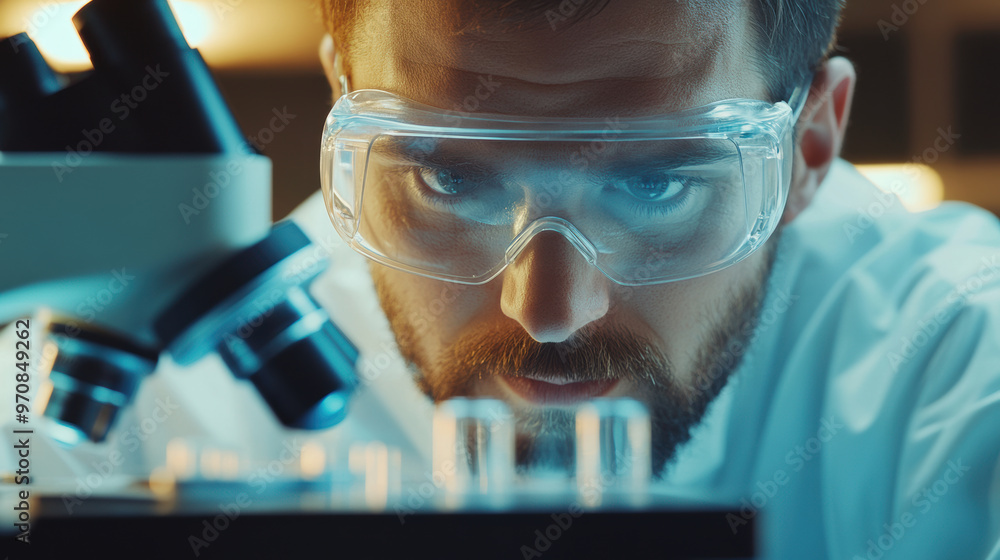 Poster a focused scientist examines samples under microscope, showcasing dedication and precision in labora