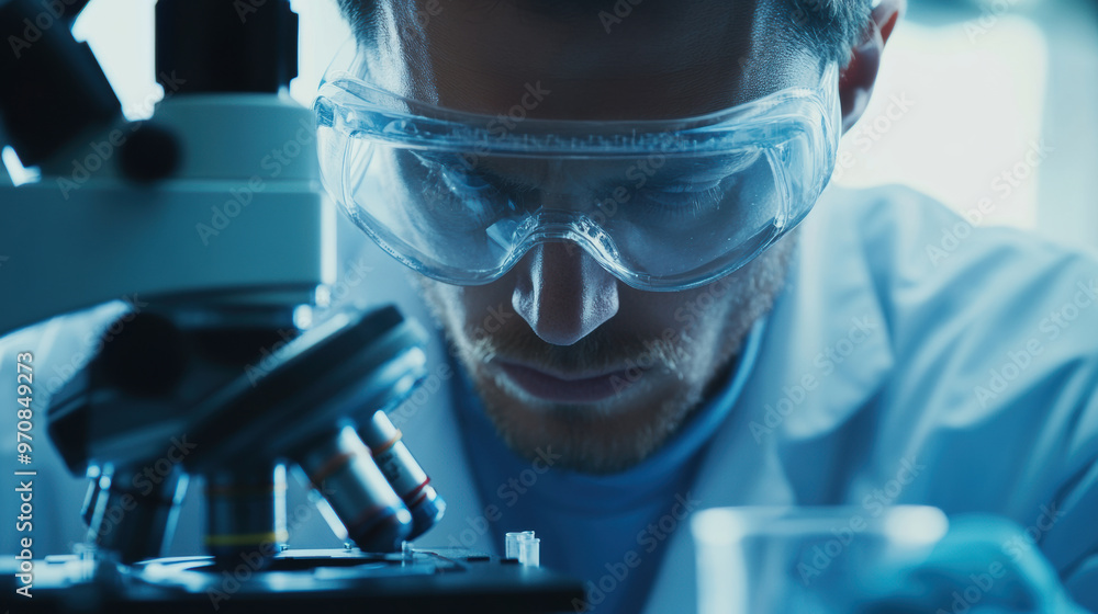 Poster focused on his work, scientist in protective goggles examines sample under microscope, showcasing de