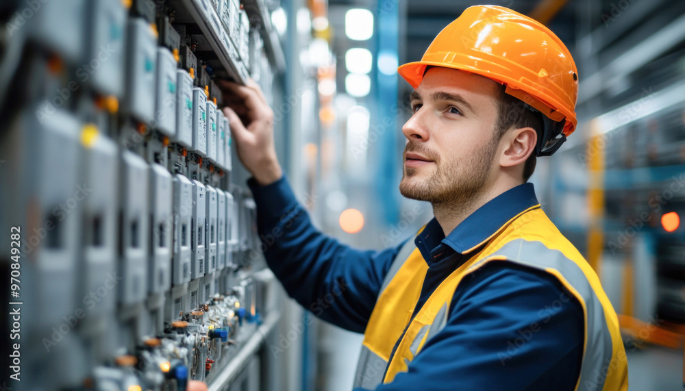 Poster electrical engineer working with fuse box in server room