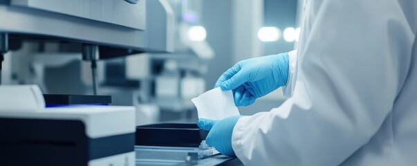 Fototapeta premium Close-up of technician's hand applying disinfectant in laboratory setting with precision and care