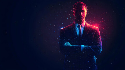 Fototapeta premium Abstract Digital Man in Suit Made of Glowing Particles with Arms Crossed - Abstract Background Animation