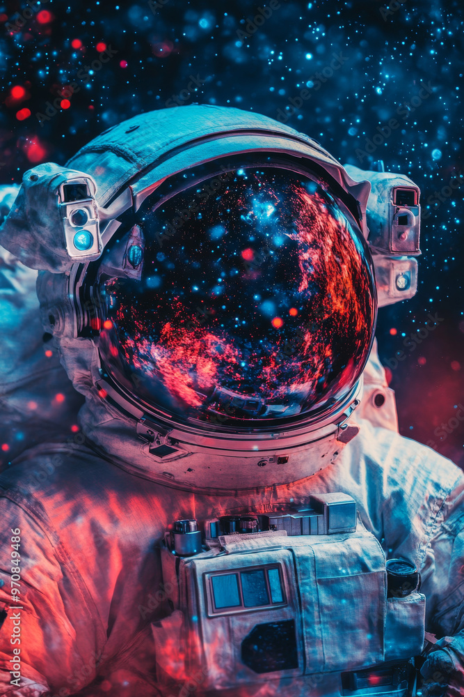 Poster astronaut wearing helmet against abstract cosmic background. man in spacesuit with neon lighting and