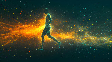 Fototapeta premium Abstract Human Figure Running Through a Trail of Glittering Particles in a Dark Space Background