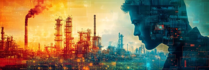 Fototapeta premium Industrial factory and human face concept with digital fusion overlay 