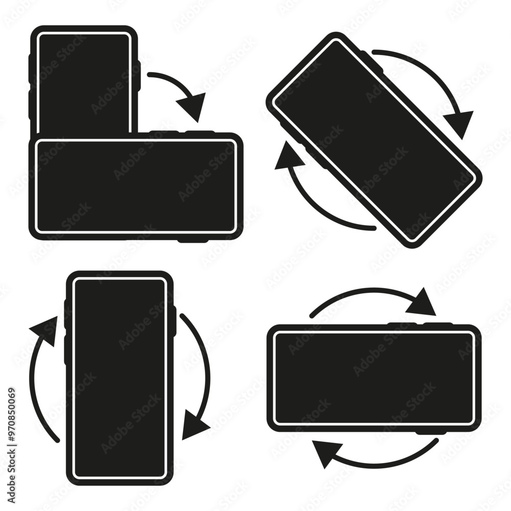 Poster smartphone rotation icon. mobile screen in different orientations. rotating arrow symbols. vector de