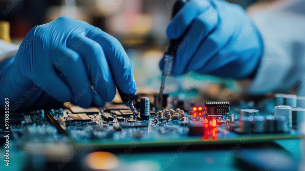 Poster hands wearing blue gloves are working on circuit board, carefully soldering components and inspectin