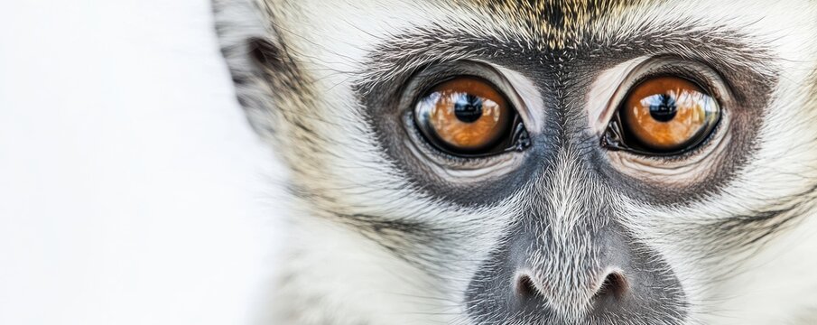 Close-up portrait of a vervet monkey displaying its intense gaze and detailed facial features against a white background - Powered by Adobe