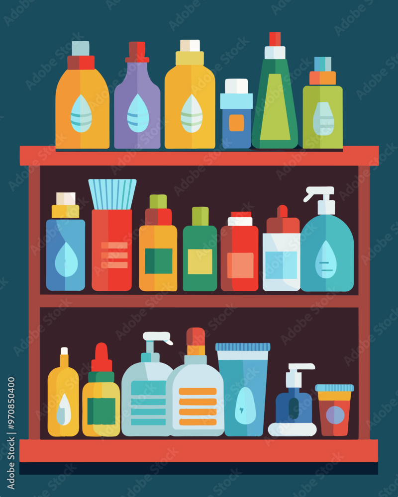 Poster a sply stocked personal hygiene section with only a few halfempty bottles of shampoo and conditioner