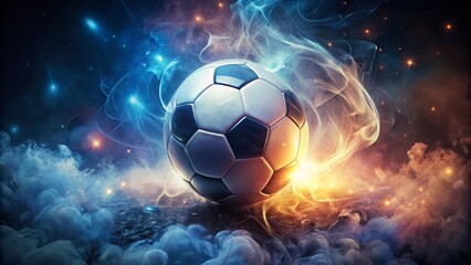 Naklejka premium In a dreamlike state, a glowing football hovers suspended in a halo of iridescent smoke, its curves distorted