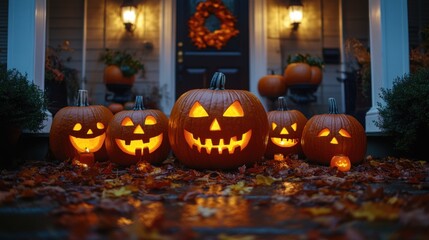 Obraz premium Brightly glowing Jack-o'-lanterns with classic spooky faces