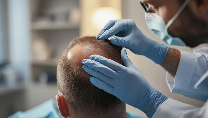 Doctor examining patient scalp for hair loss treatment