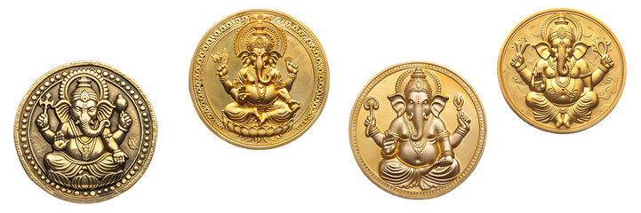 Hindu deity Ganesha coins in gold with spiritual motifs isolated on a white background, png