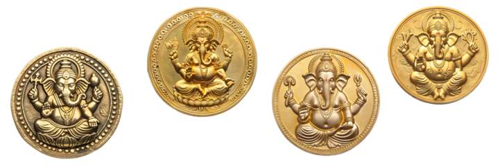 Hindu deity Ganesha coins in gold with spiritual motifs isolated on a white background, png