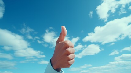Multiracial thumbs up against blue sky.