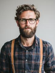 Obraz premium A hipster man with a beard and glasses, wearing a plaid shirt and suspenders, isolated on a white background