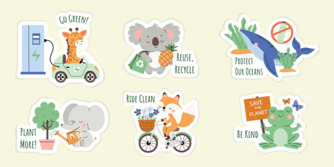 Fototapeta premium Vector set eco friendly cute animals. Giraffe, koala, whale, elephant, fox, frog. Save planet, go green. Flat illustration on isolated background.