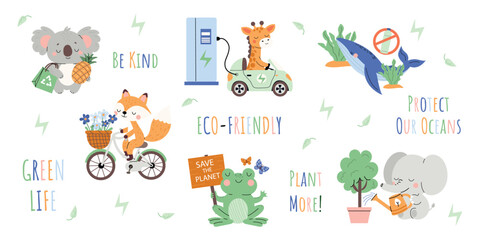 Cute set of eco-friendly animals . Ecology and recycle quotes collection. Cute hand-drawn illustrations of a giraffe, koala, whale, fox, and elephant in a flat style.  Isolated white background.